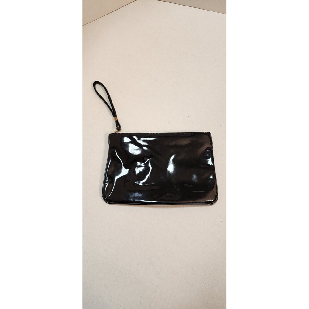 Vintage Black Shiny Vinyl clutch purse with wrist strap read see